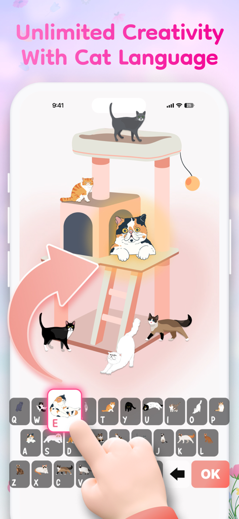 キーボード上で文字が異なる猫のイラストで表されるCat Language機能を示すモバイル画面