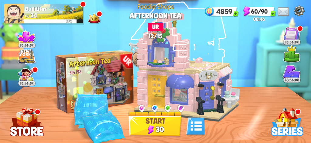 Buildit - Chill Brick Game - A digital brick building set of a pink Afternoon Tea shop in the Buildit game