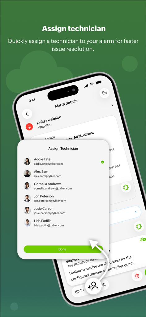 Site24x7 - Interfaz de la aplicación Site24x7 que muestra una lista de técnicos para asignar para una resolución de incidencias más rápida.