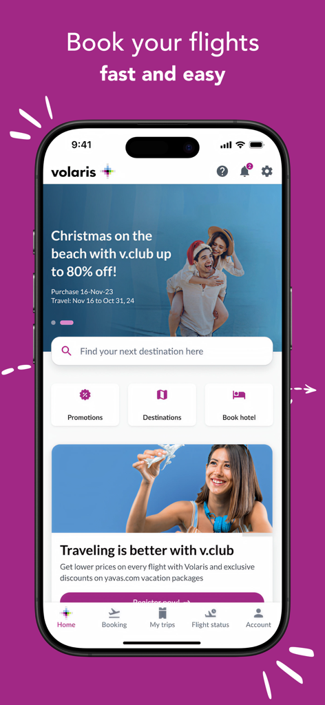 Interface do aplicativo móvel da Volaris mostrando a pesquisa de voos e promoções de viagem
