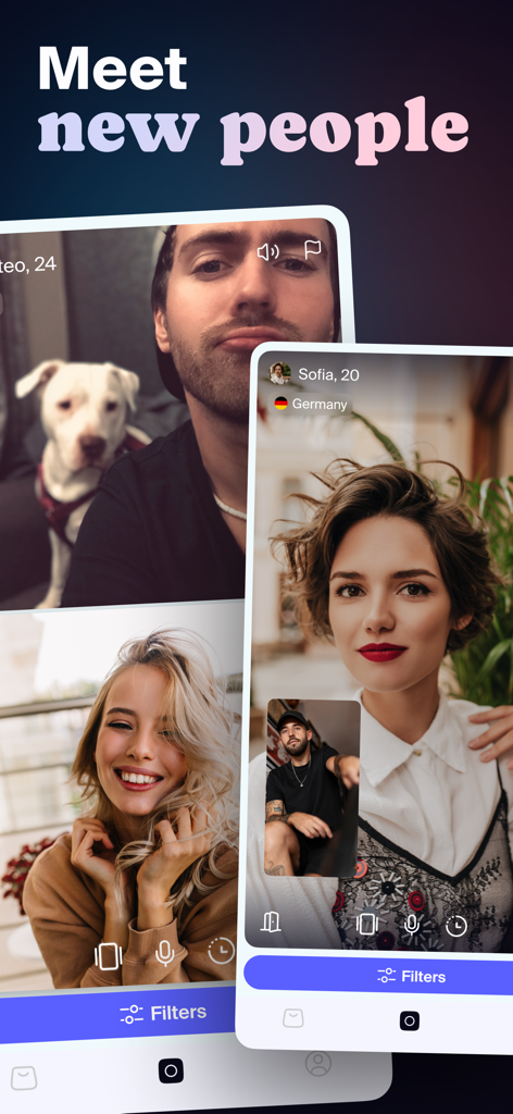Camee - Screenshot der Camee-App, der mehrere Benutzer in Live-Einzel-Videoanrufen mit Namen und Standort-Tags zeigt