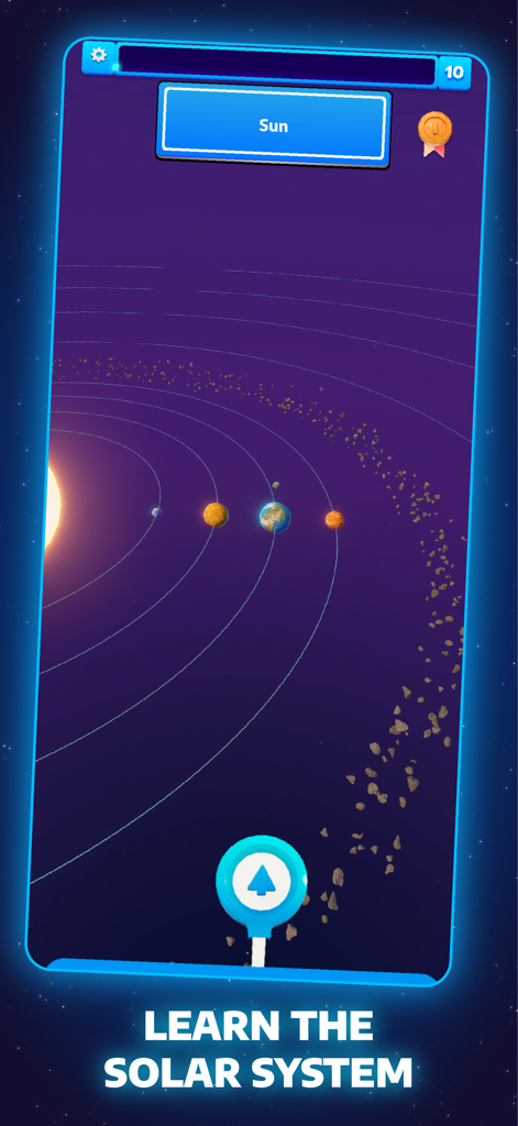 JordGlobe World Geography Game - Mobile app screen showing solar system planets and sun for geography trivia