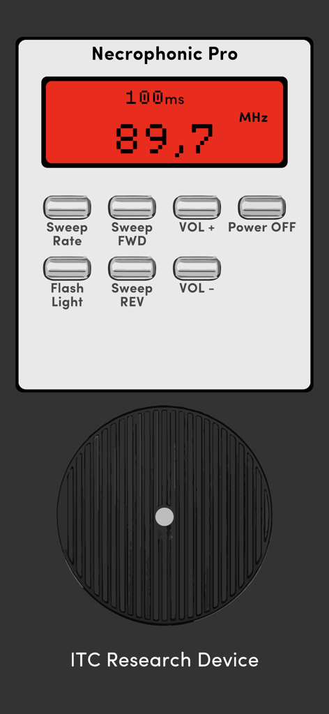 Necrophonic Pro - Interface of the Necrophonic Pro ITC research device app featuring a frequency sweep display and paranormal investigation controls.