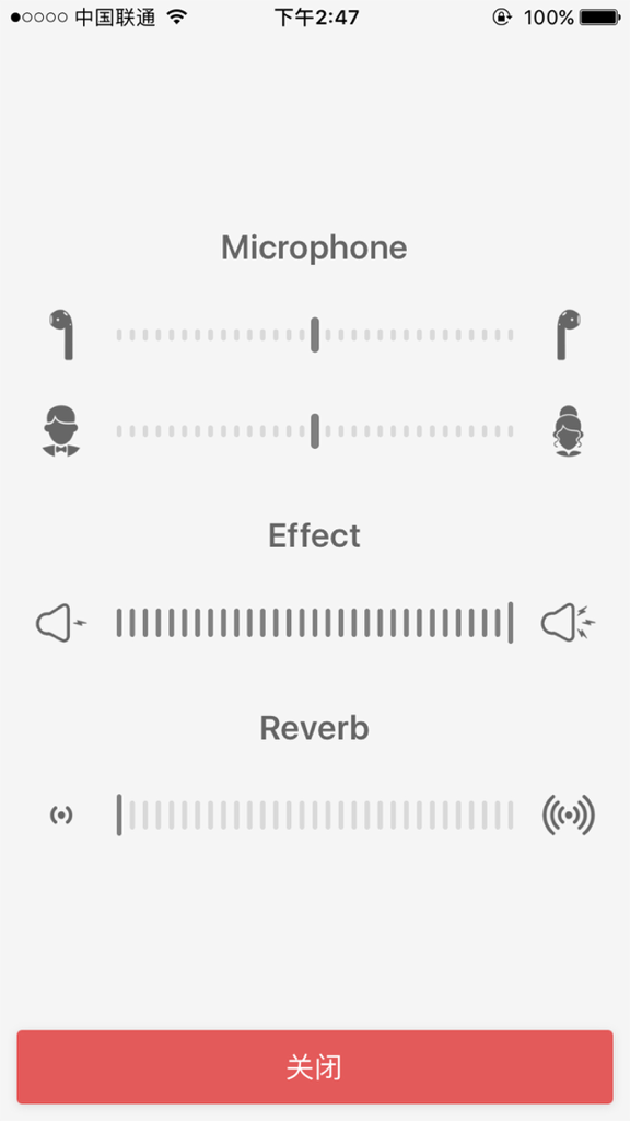 Microphone HD - recorder voice changer memo - Interfaz de configuración de audio que muestra controles deslizantes para el tono del micrófono, los efectos de sonido y los niveles de reverberación.