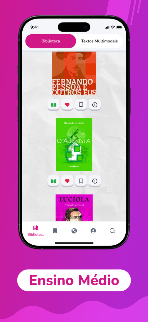 Digital library interface showing book titles for high school students in the Elefante Letrado app