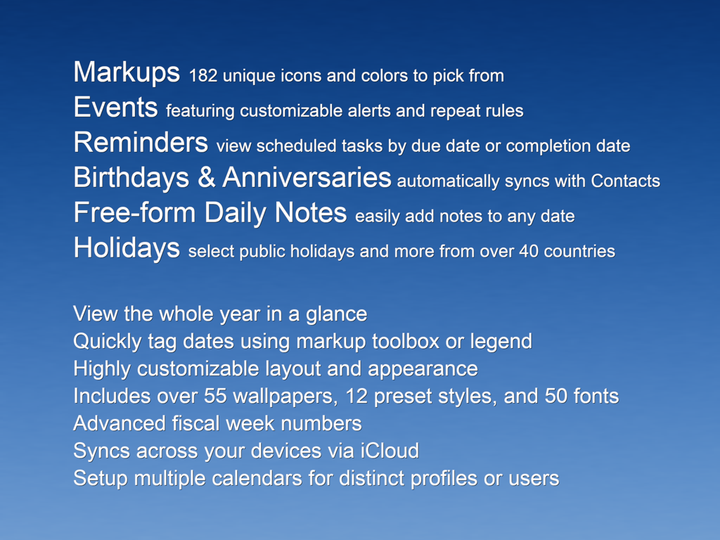 All-in-One Year Calendar Pro - A summary list of features for the All-in-One Year Calendar Pro app including markups events reminders and holiday sync on a blue background