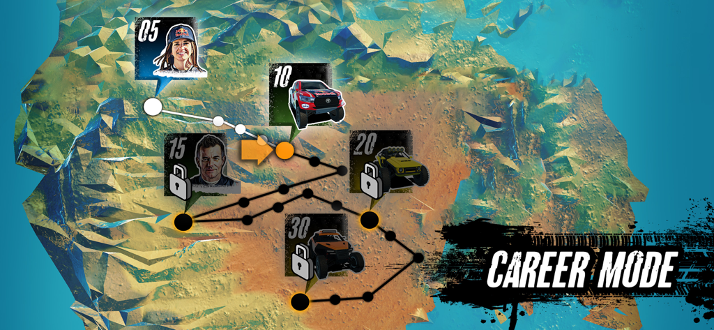 Offroad Unchained - Pantalla del mapa del modo carrera en Offroad Unchained que muestra el progreso de la carrera y las recompensas desbloqueables.