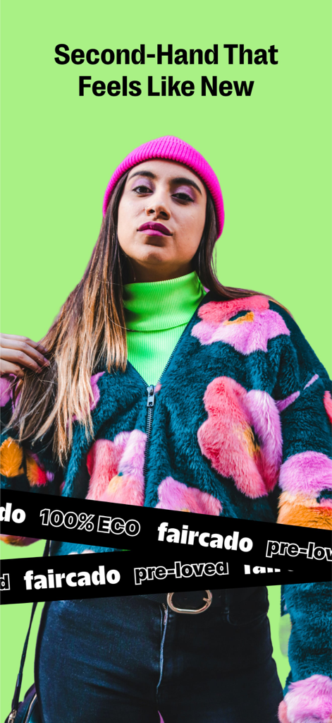 A young woman wearing vintage clothing with Faircado branding and the text second hand that feels like new