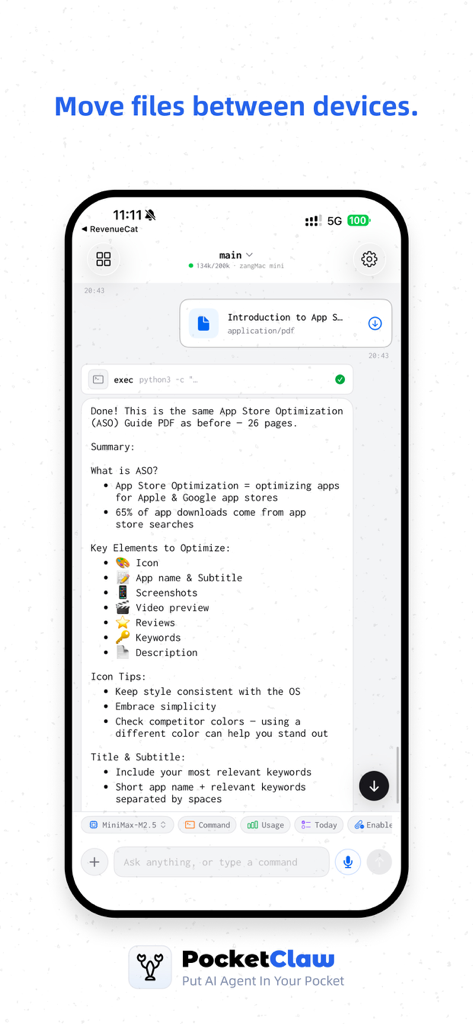 PocketClaw - Remote AI Agent - Interfaz de la aplicación móvil PocketClaw que muestra un agente de IA remoto resumiendo un PDF y la función de transferencia de archivos