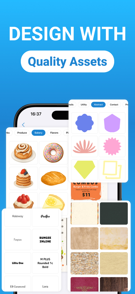Create Menus Easily - A collection of food illustrations, diverse font styles, and background textures for professional menu creation.