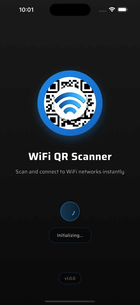 Splash screen of the WiFi QR Scanner mobile app featuring a WiFi symbol inside a QR code and an initializing status bar.