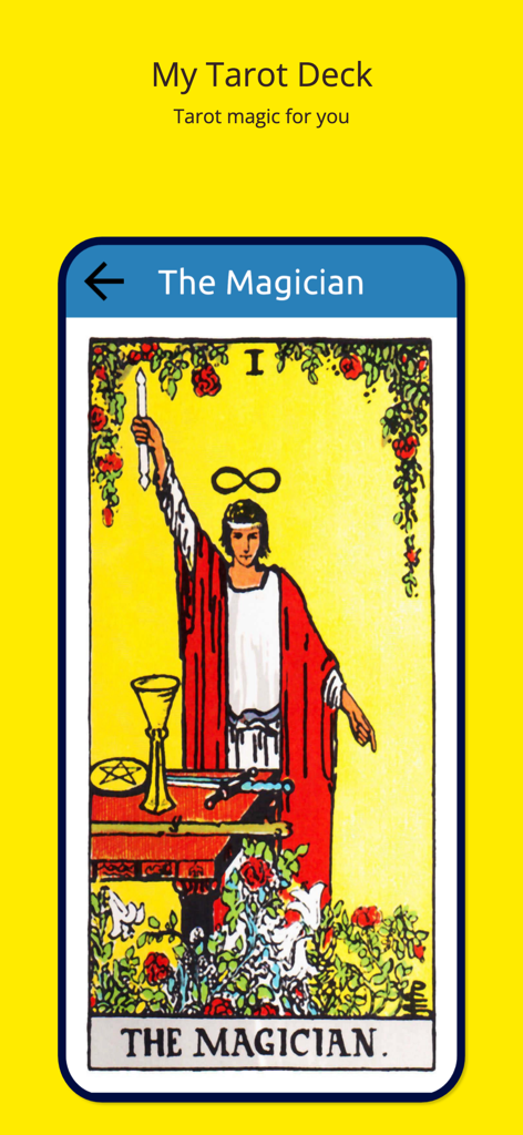 My Tarot Deck - Uno screenshot dell'app My Tarot Deck che mostra la carta Il Mago dal mazzo Rider-Waite del 1909.