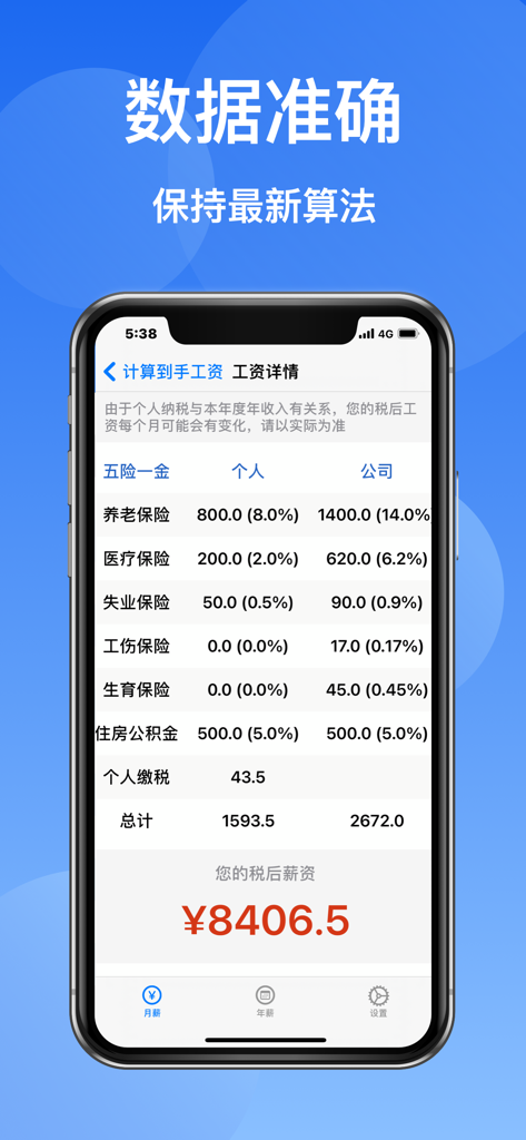 到手工资Pro-2025工资计算器 - 中国の給与税、社会保険料控除、および最終的な税後収入8406.5元を詳細に内訳表示するモバイル画面。