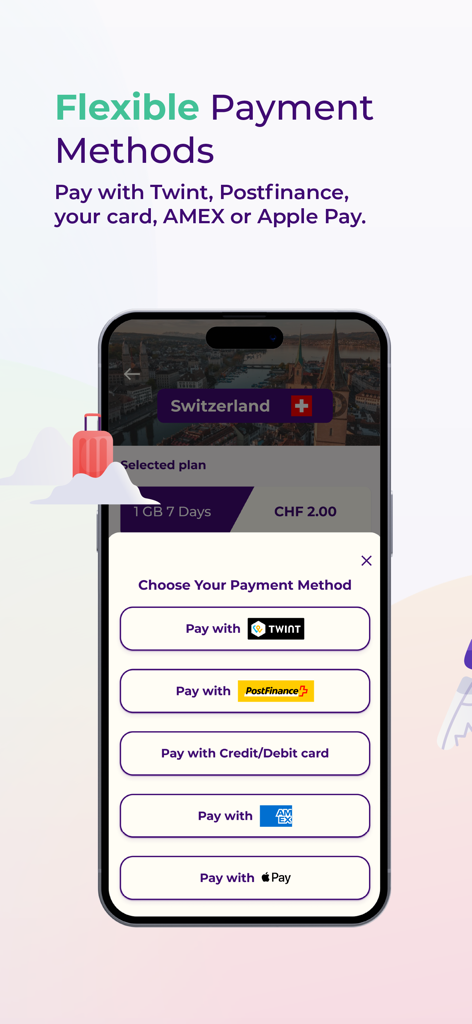 ZIM@SBB: eSIM Data Plans - ZIM at SBB app screen showing flexible payment options including Apple Pay and credit cards for eSIM data plans