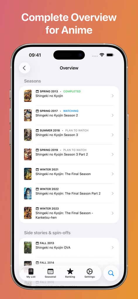 ManGo - Anime & Manga Tracker - Pantalla general de la aplicación ManGo mostrando temporadas y spin-offs de una serie de anime rastreada.