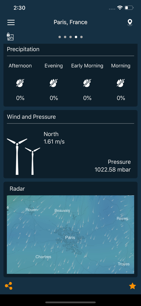 Weather forecast Pro app displaying precipitation wind and radar information for Paris