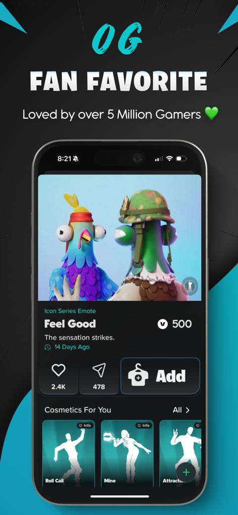 Dilly for Fortnite - Dilly for Fortnite app interface showing an Icon Series emote in the item shop with a recommendation list.
