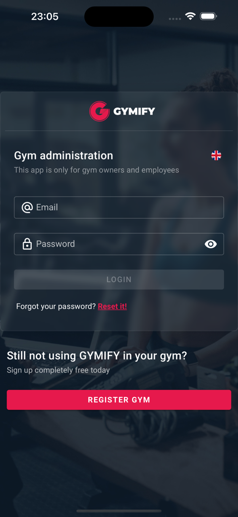 GMF My Gym - Login screen for gym owners and employees on the GMF My Gym app