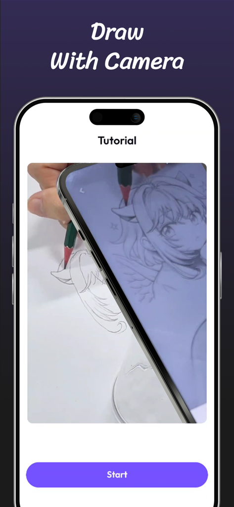 Smartphone screen showing a tutorial for tracing an anime character on paper using an AR camera projector