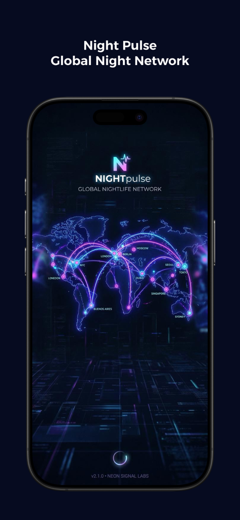 Pulse Planet - Pantalla de presentación de la aplicación Pulse Planet mostrando un mapa de vida nocturna global de neón con ciudades interconectadas