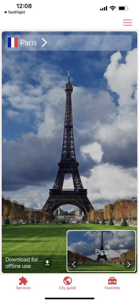 myguide.city - city guide - Écran de l'application myguide city pour Paris présentant la Tour Eiffel et un bouton de téléchargement hors ligne