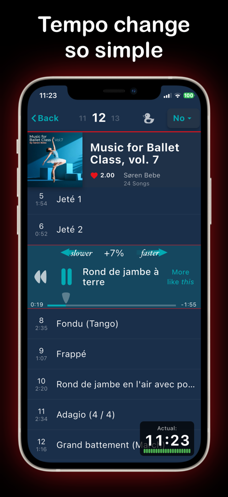 Cadance Dance Tempo Control - Interface de l'application Cadance montrant le réglage du tempo pour une playlist musicale de cours de danse classique sur un iPhone