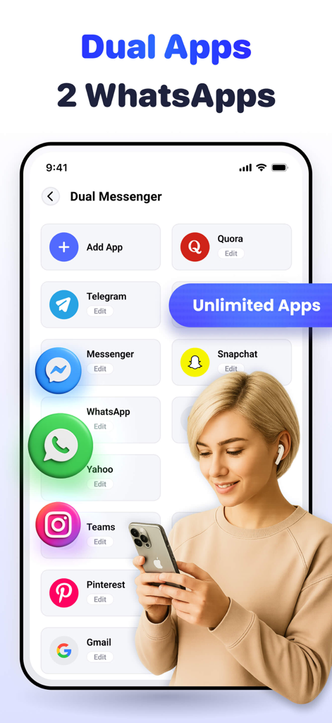 계산기 잠금 앱의 듀얼 메신저 기능 스크린샷으로 WhatsApp 및 Telegram과 같은 여러 소셜 미디어 계정을 복제하고 관리할 수 있습니다