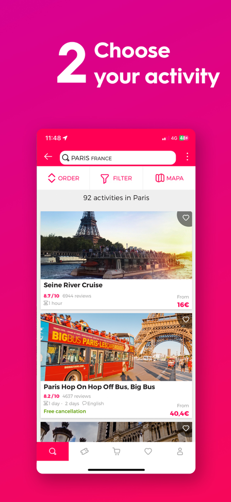 Interface do aplicativo móvel Civitatis exibindo uma lista de atividades disponíveis em Paris, incluindo um cruzeiro pelo Rio Sena e um tour de ônibus hop-on hop-off.