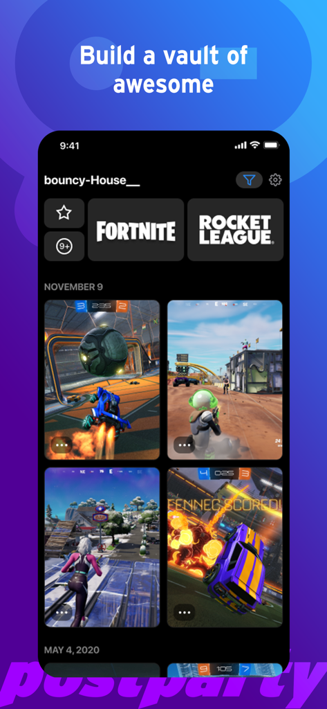 Postparty app interface showing a vault of saved Fortnite and Rocket League game clips