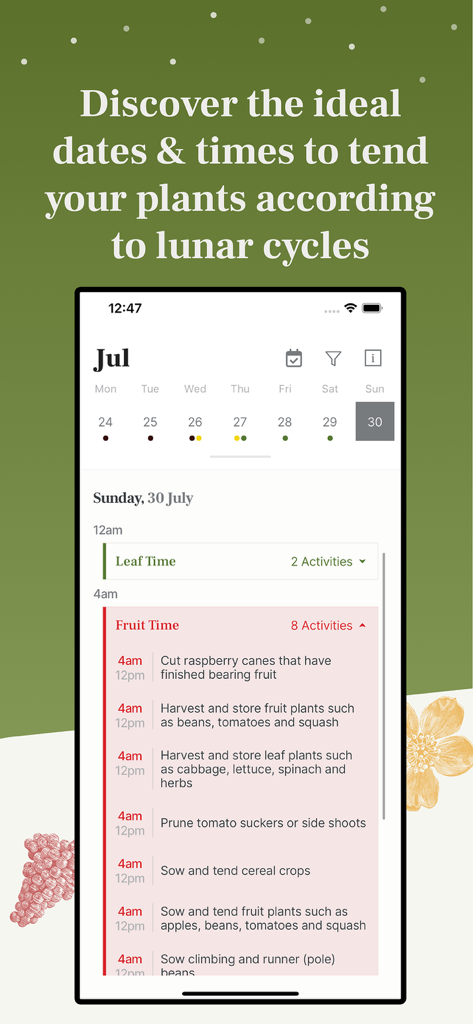 Biodynamic Gardening Calendar - Biodynamic Gardening Calendar app showing daily gardening activities based on lunar cycles and fruit time