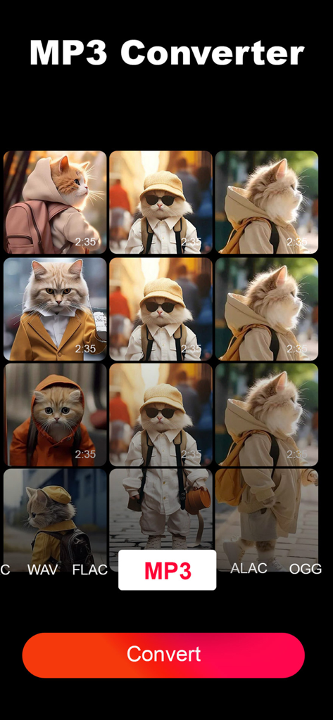 Video to Audio: Mp3 Converter - 동영상 갤러리와 MP3 형식 선택이 표시된 동영상-오디오 변환기 앱 인터페이스