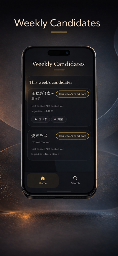 Solodish: Personal Recipe Book - A smartphone screen showing the Weekly Candidates feature in the Solodish app for personal meal planning.
