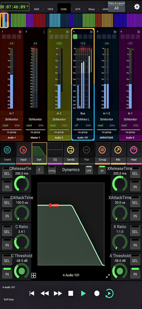 Professional audio mixing and dynamics control interface in Avid Control app