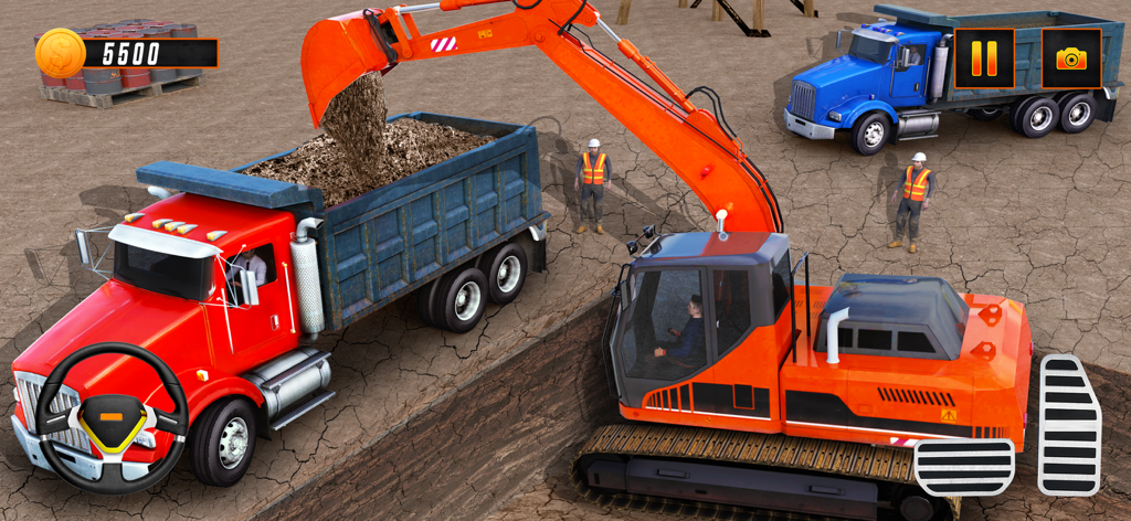 Excavator Truck Simulator 2024 - Excavadora naranja cargando tierra en un camión volquete rojo en un sitio de construcción