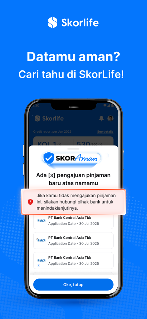 신원 보호를 위한 새로운 대출 신청을 감지하는 Skorlife 앱 보안 알림