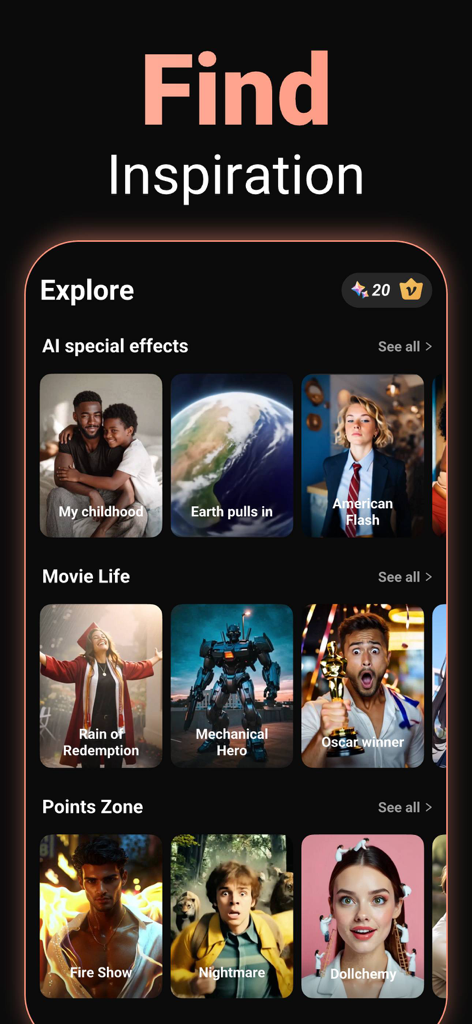 A screenshot of the Viddo AI app's Explore page showing categories like AI Special Effects and Movie Life with various creative video templates.