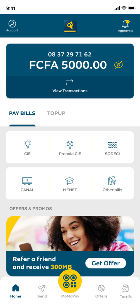 MTN MoMo - Écran d'accueil de l'application MTN MoMo montrant le solde du compte et les options de paiement de factures