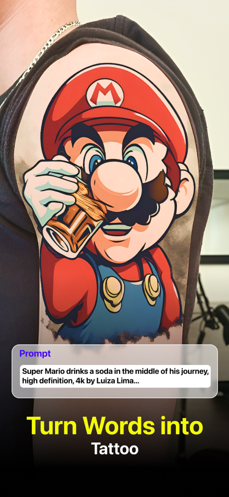 AI Tattoo Generator - AI Ink - A mockup of a Super Mario tattoo on an arm generated from a text prompt using the AI Ink app