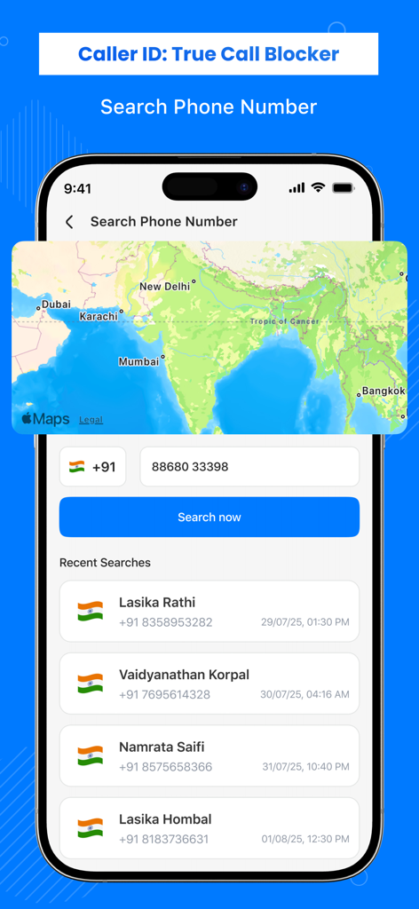 Interfaz para buscar números de teléfono con visualización de mapa y lista del historial de búsqueda reciente.