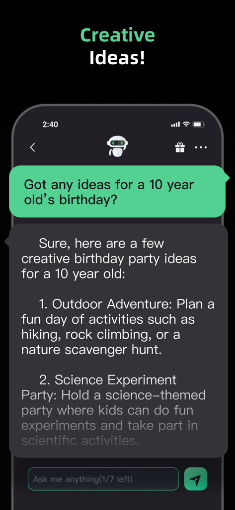 Moss - AI Chat & Genie Chatbot - Moss AI 챗봇 인터페이스는 10세 어린이를 위한 창의적인 생일 파티 제안을 표시합니다.