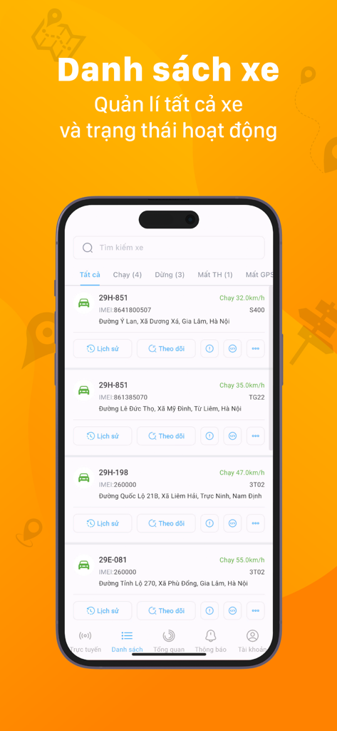 Mobile screen showing a list of monitored vehicles with real-time GPS data in iTrack Pro
