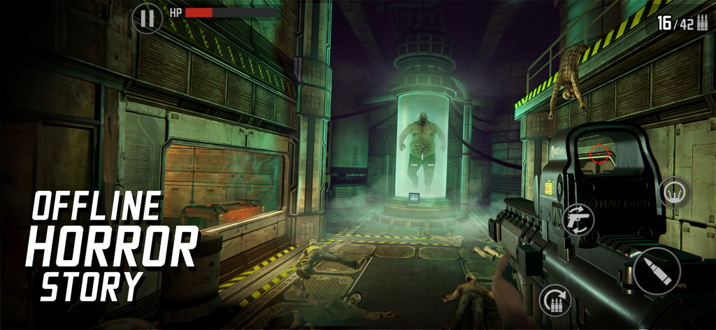 Zombie Sniper War 3D: Dead FPS - Jugabilidad de tirador en primera persona mostrando un rifle apuntando a un zombi en un tanque de contención brillante dentro de un laboratorio oscuro