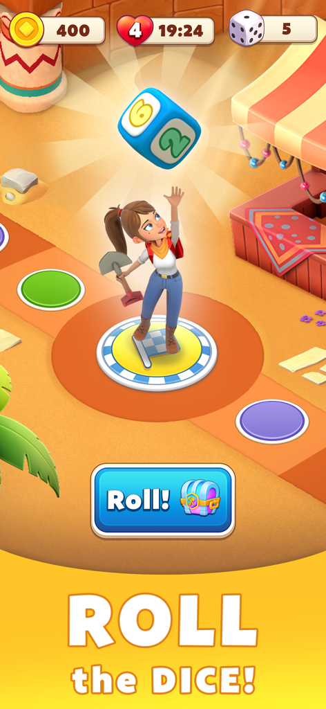 Customized character rolling a blue die on a desert game board.