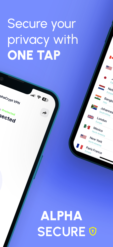 원탭 개인 정보 보호 및 글로벌 서버 위치를 보여주는 Fast VPN 앱 인터페이스