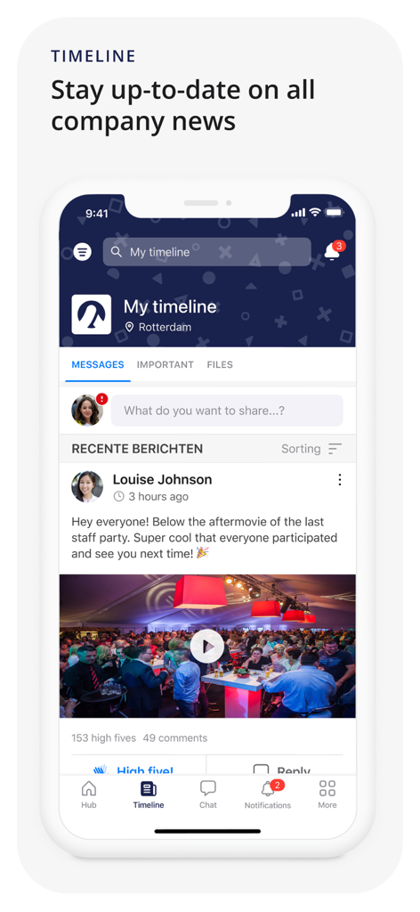 Oneteam employee platform mobile app timeline showing company news and social interaction.