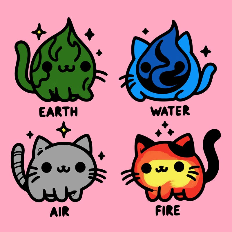 4 cats that represent the different elements, earth, water, air, and fire