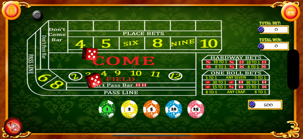 Craps - Casino Betting Game - Uma visão de cima de uma mesa virtual de craps de cassino com dois dados vermelhos e fichas de apostas coloridas