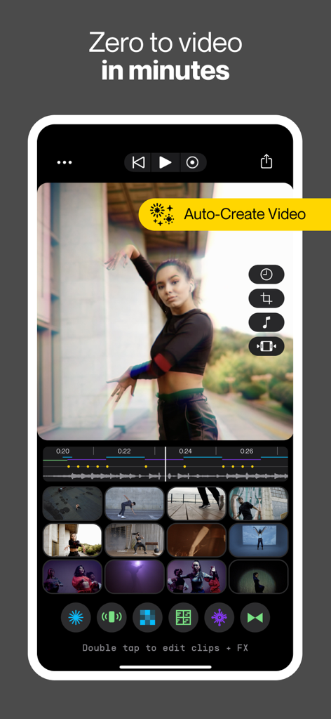 Spool - Music Video Editor - Interfaz de la app móvil Spool mostrando la función de creación automática de video con sincronización musical.