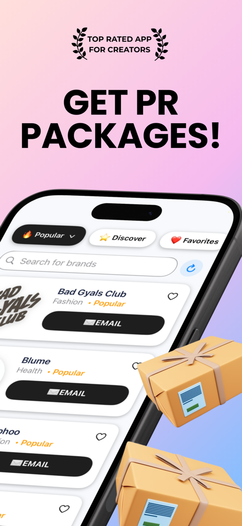 BRANDZ - PR Packages and UGC - クリエイターがPRパッケージをリクエストするためのブランドリストとメール連絡先ボタンを表示するBRANDZアプリのインターフェース