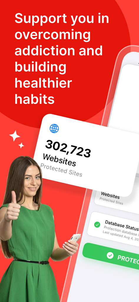 Porn Blocker: PurePath - Uma mulher dando um joinha ao lado da interface do aplicativo PurePath mostrando sites protegidos e suporte a hábitos saudáveis.